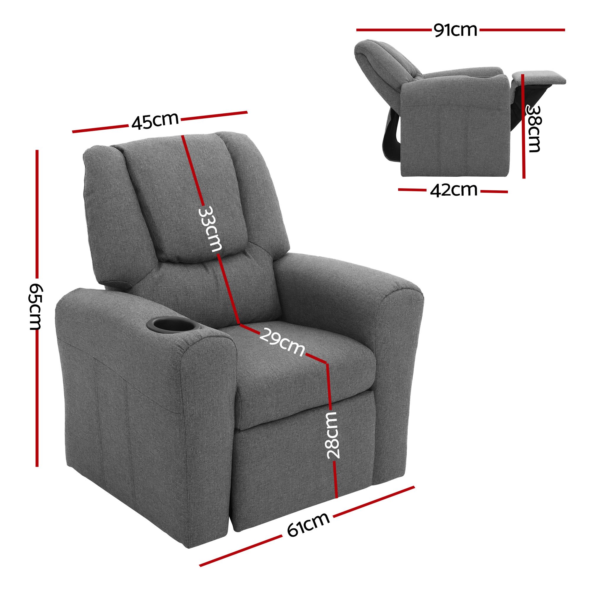 Keezi Kids Grey Linen Recliner Chair with Wide Armrests view 2