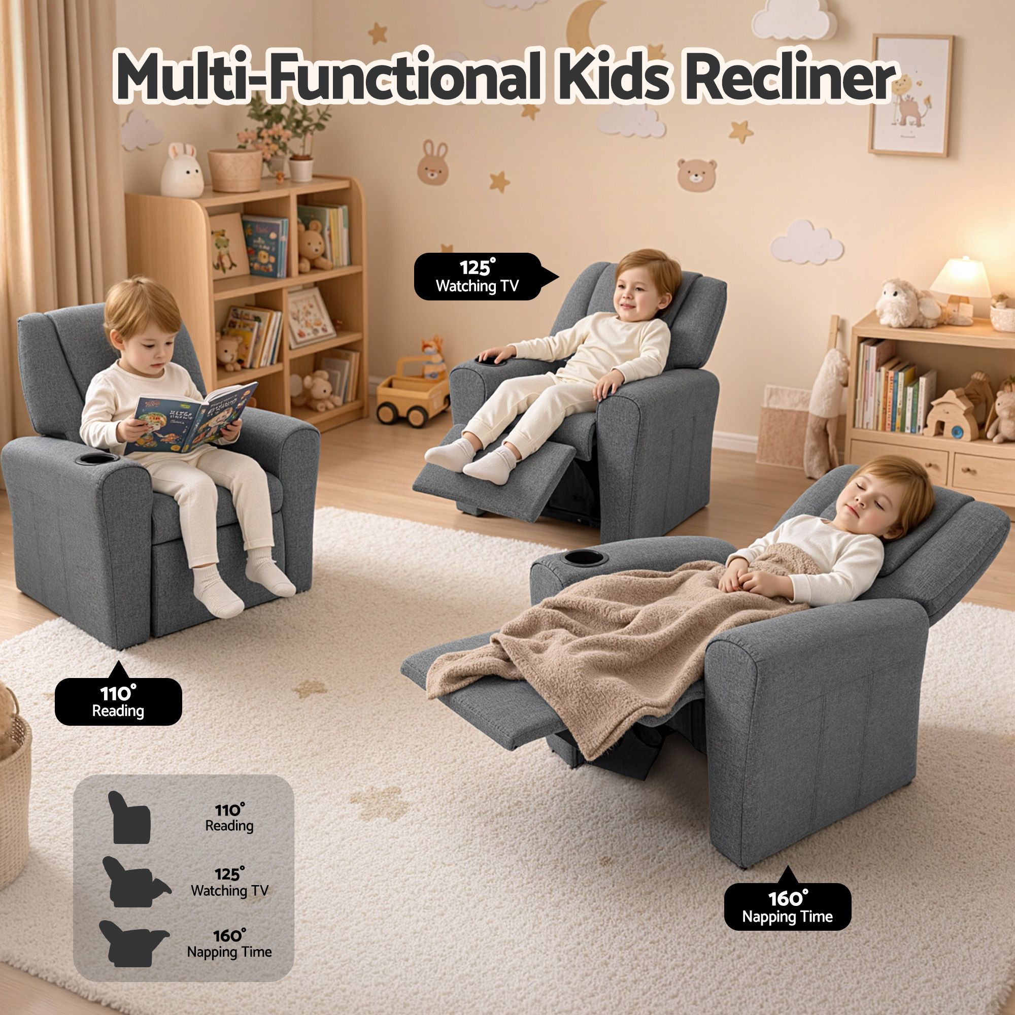 Keezi Kids Grey Linen Recliner Chair with Wide Armrests view 4