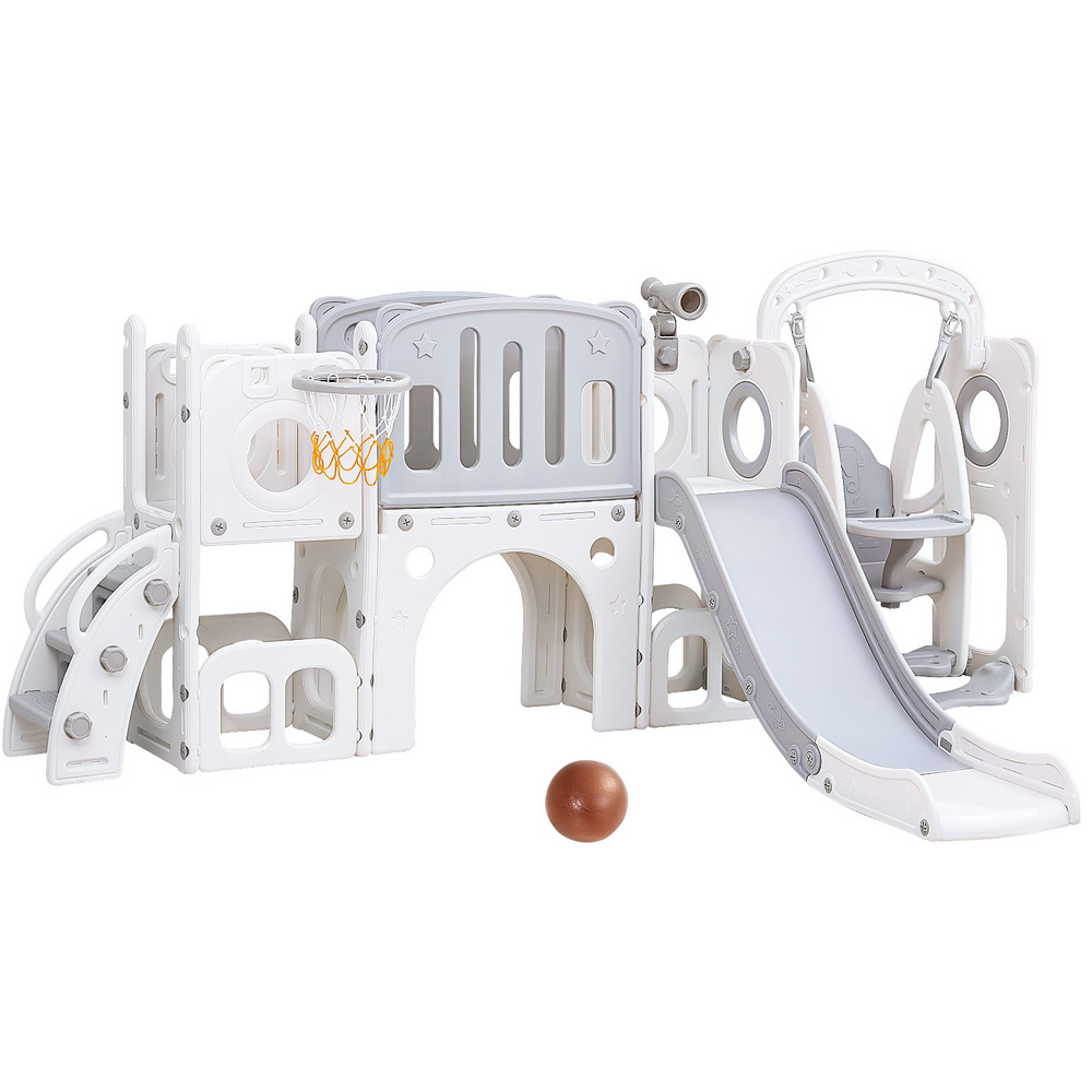 Keezi 4-in-1 Slide Swing Set Basketball Hoop 132cm Grey