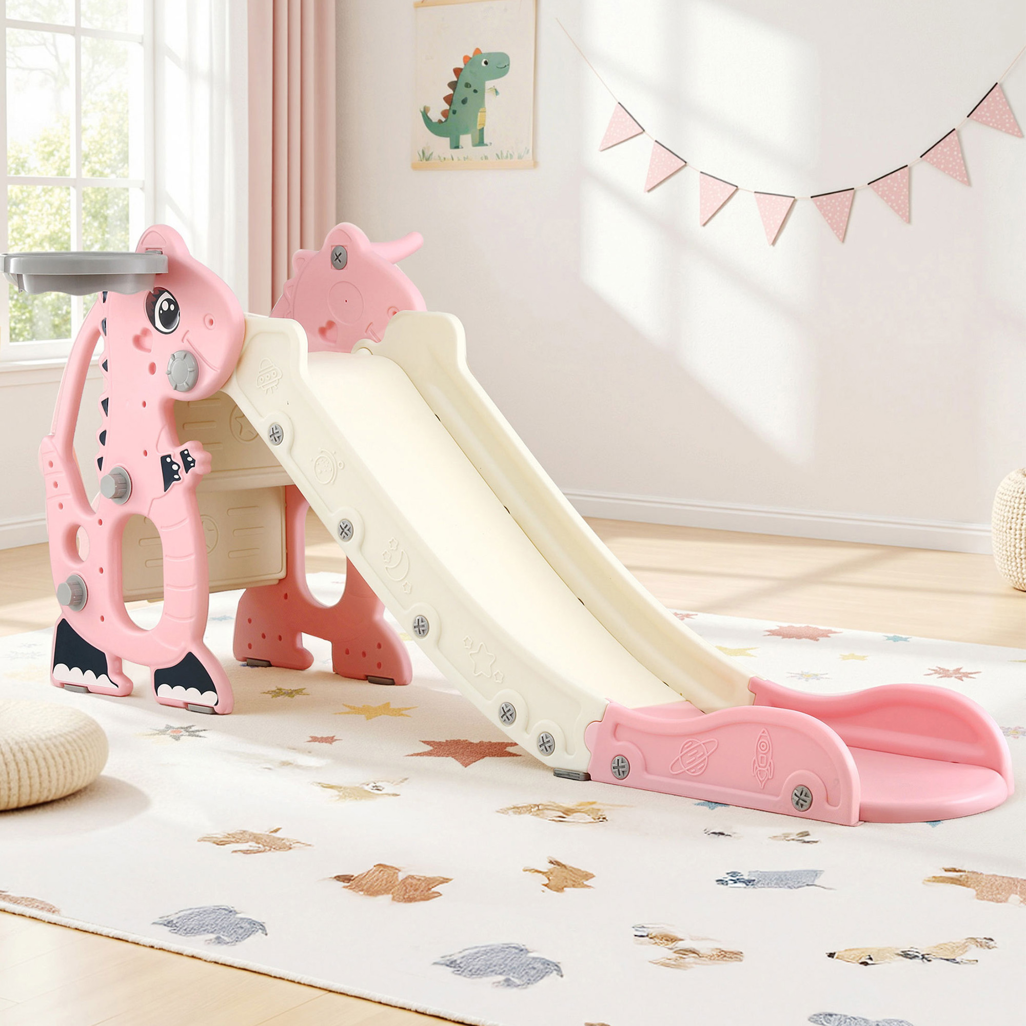 Keezi Kids Pink Dragon Slide Set 125cm with Hoop
