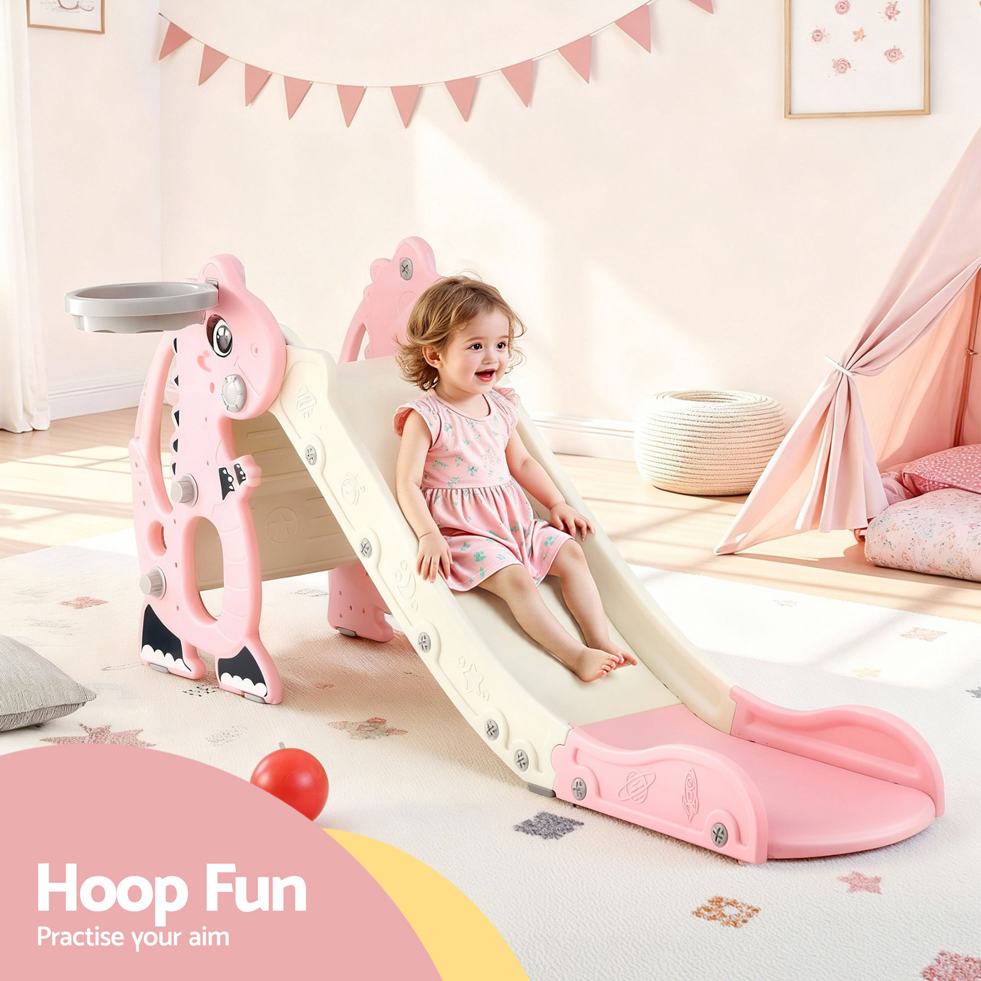 Keezi Kids Pink Dragon Slide Set 125cm with Hoop view 4