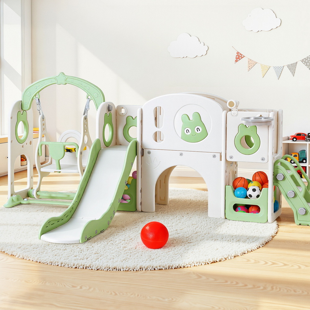 Keezi 4-in-1 Slide Swing Set Basketball Hoop 140cm Green