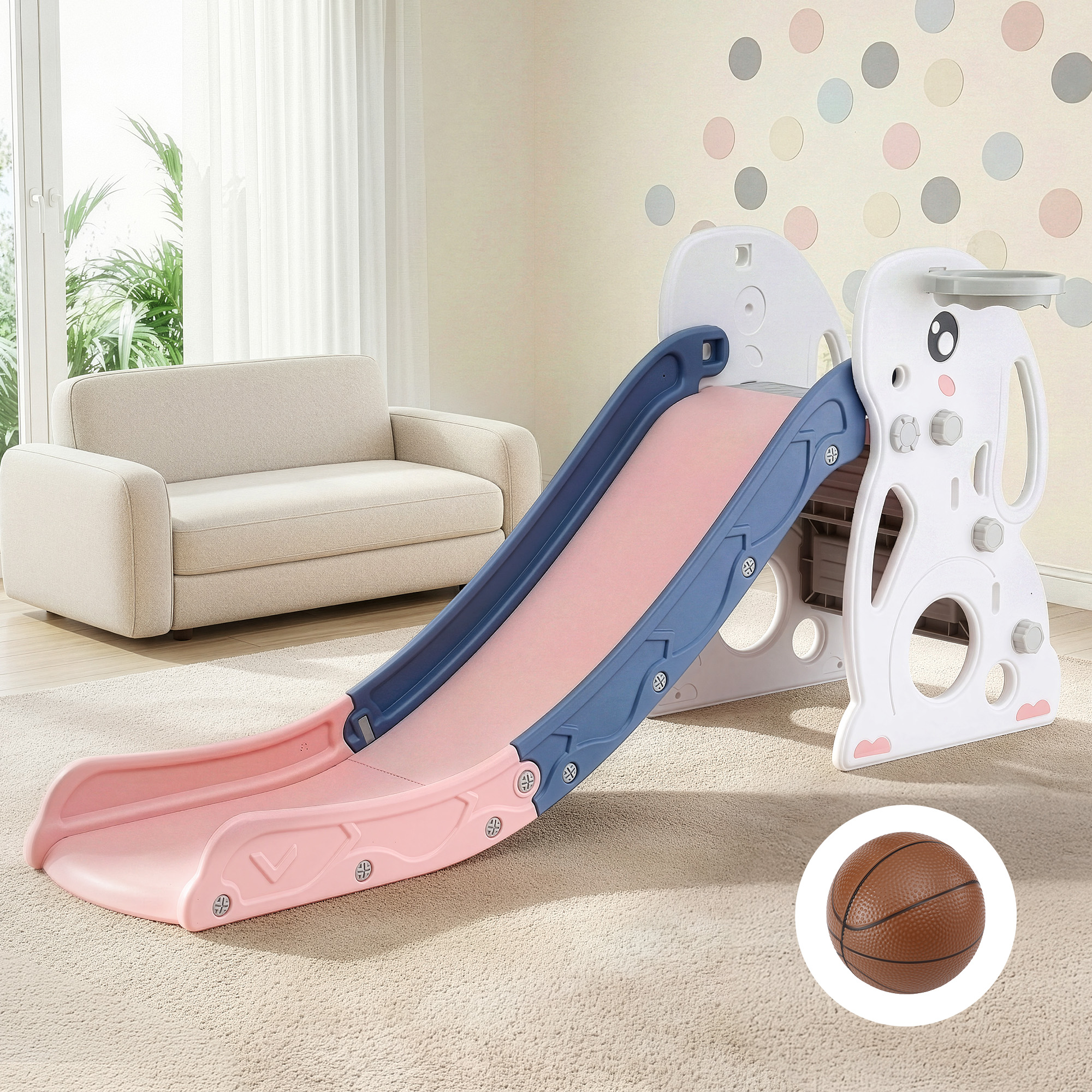 Keezi Kids Rabbit Slide Set 147cm with Basketball Hoop