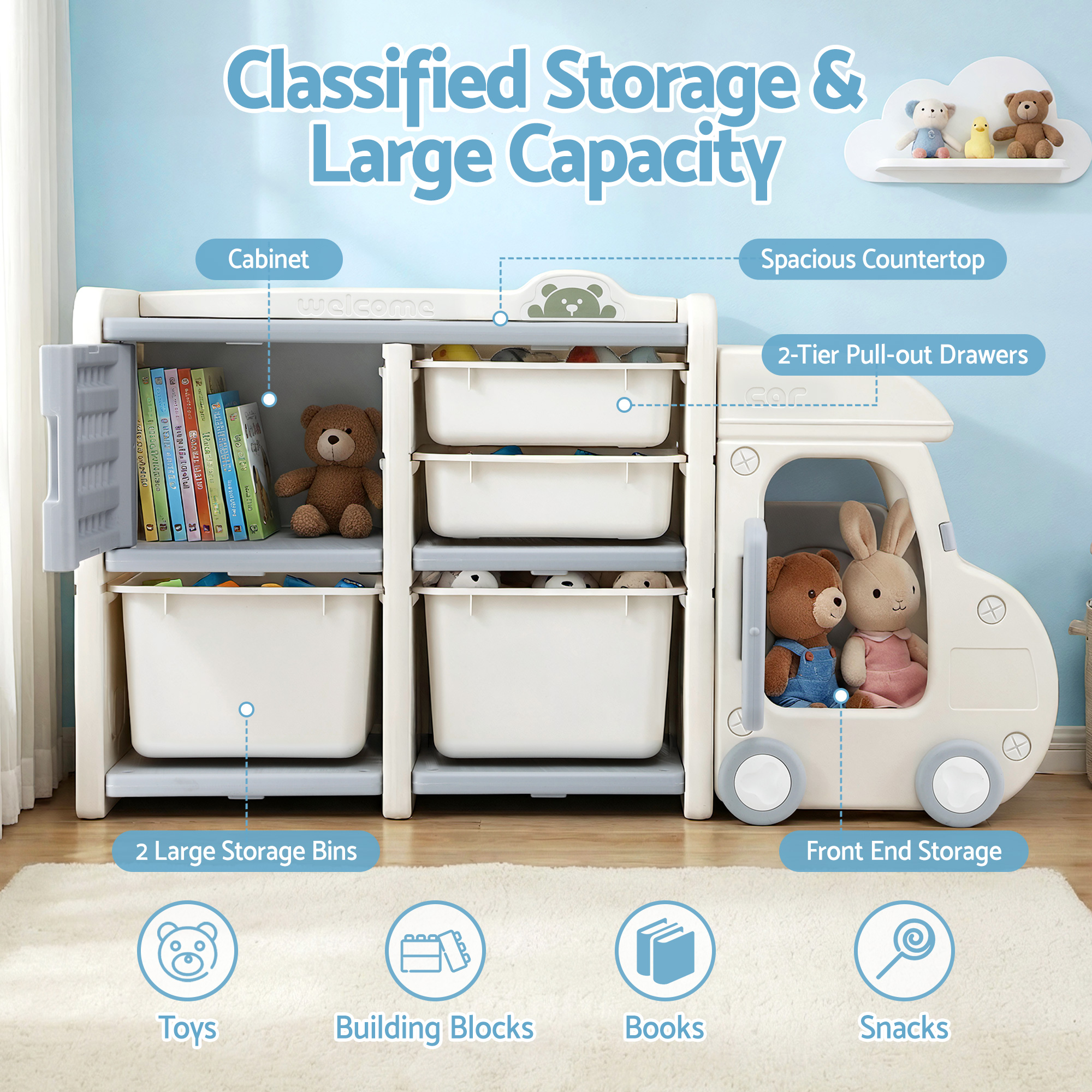 Keezi Car-Shaped Toy Storage Organizer with Cabinet view 5