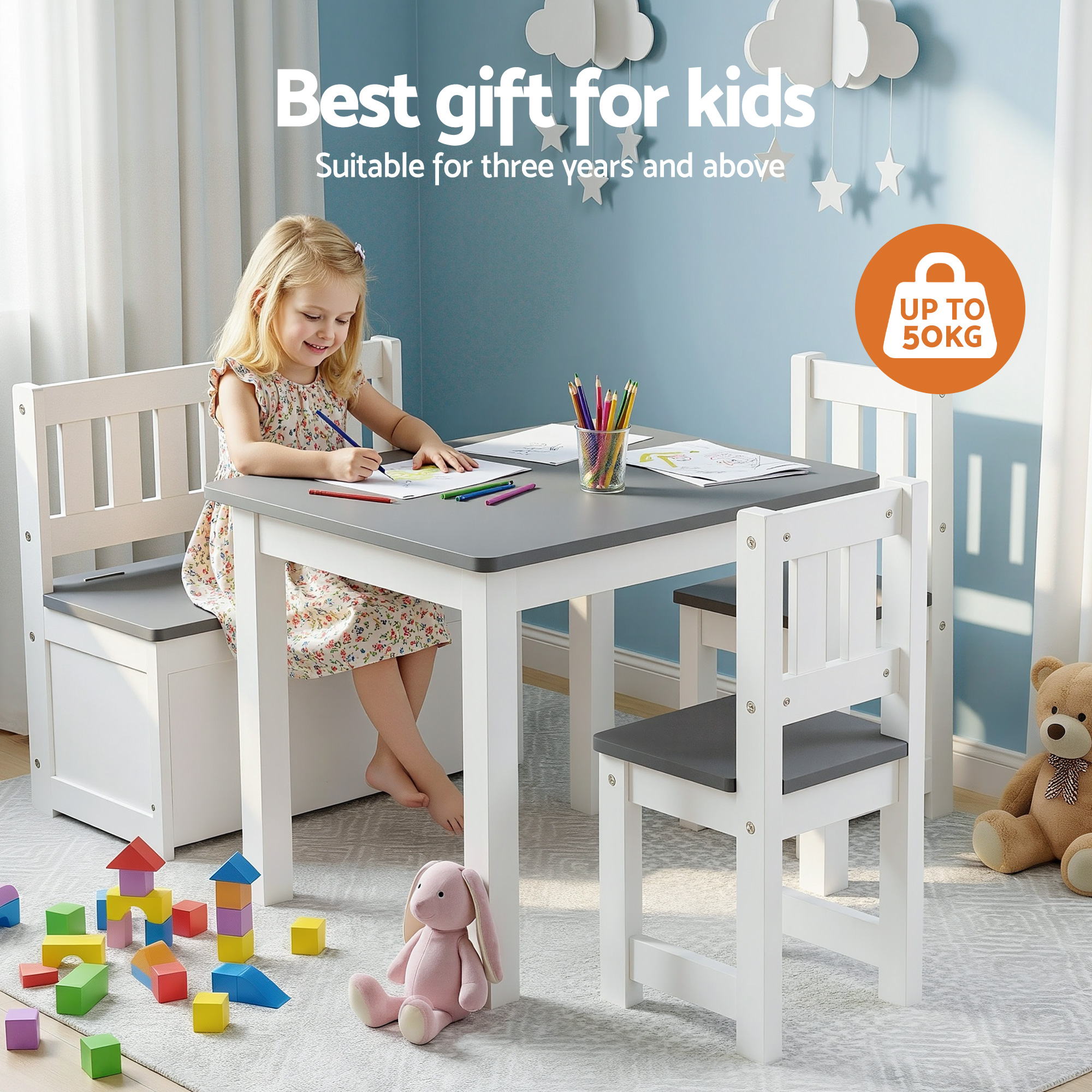 Keezi 2-in-1 Kids Table and Chair Set with Storage Bench view 4