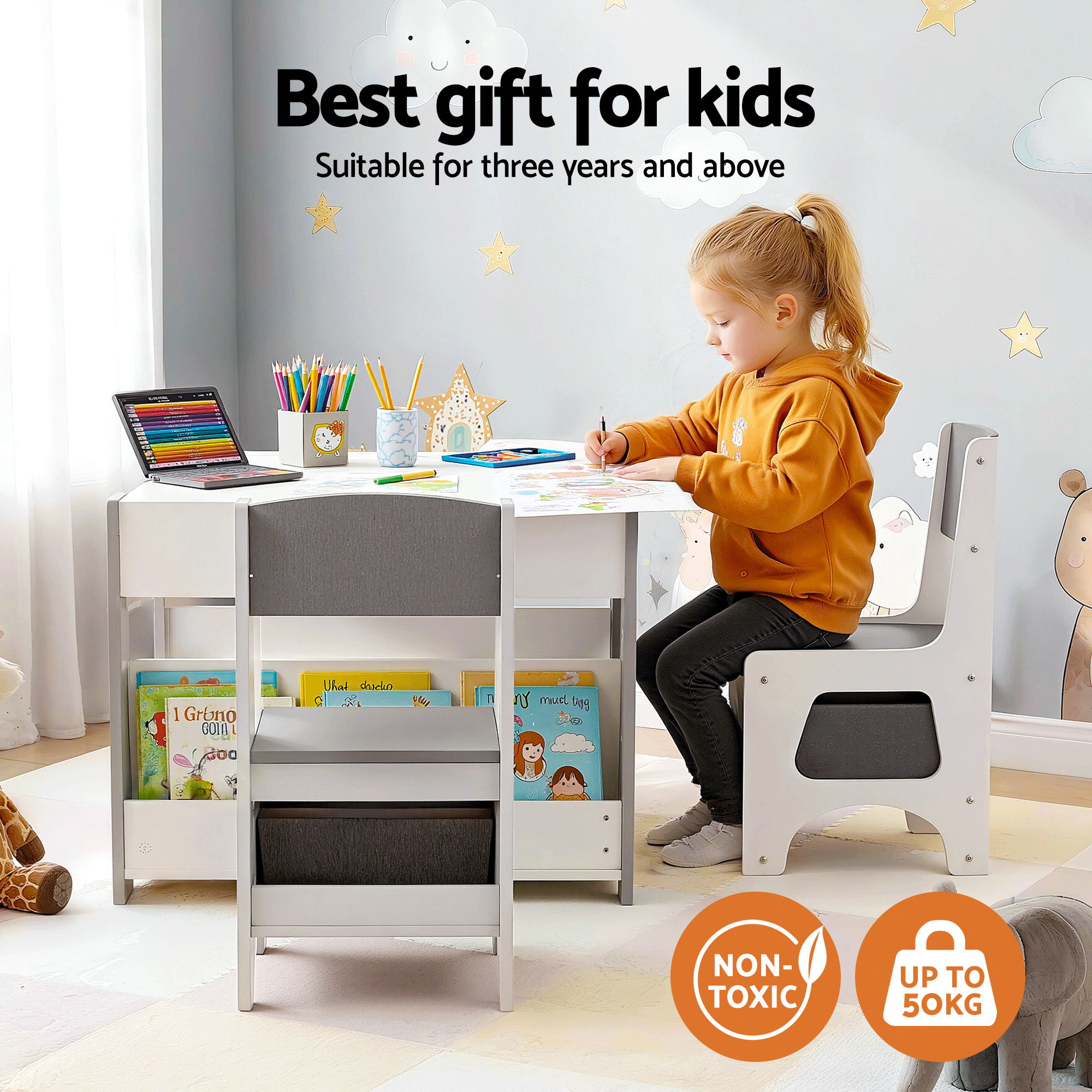 Keezi 4-in-1 Activity Table with Bookcase and Blackboard view 4