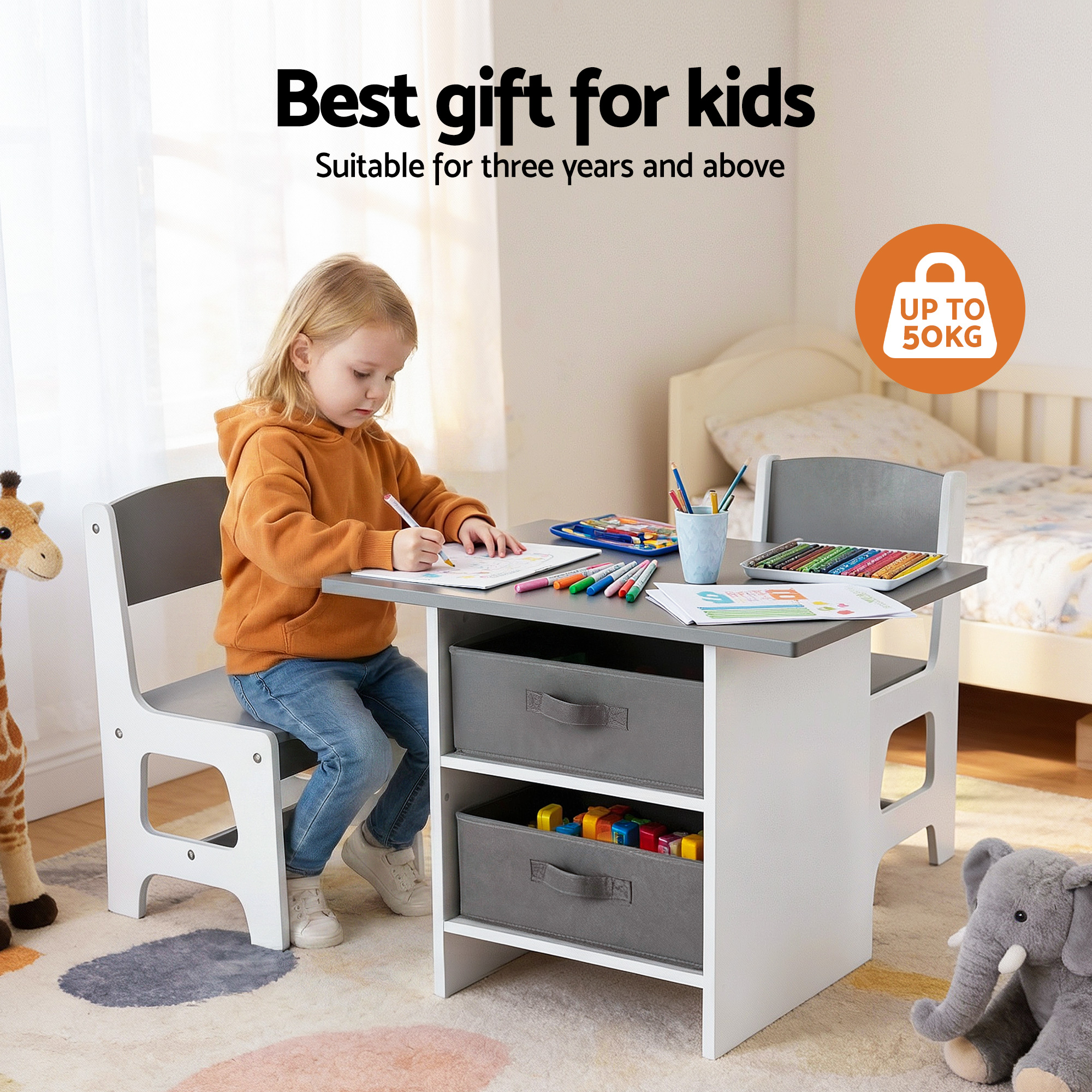 Keezi Wooden Activity Table and 2 Chairs Set with Storage view 4