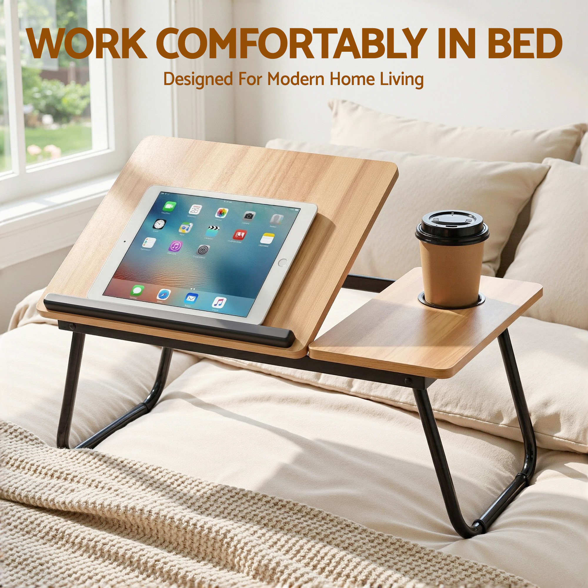 Artiss Laptop Desk Bed Table Foldable Portable Oak view 4