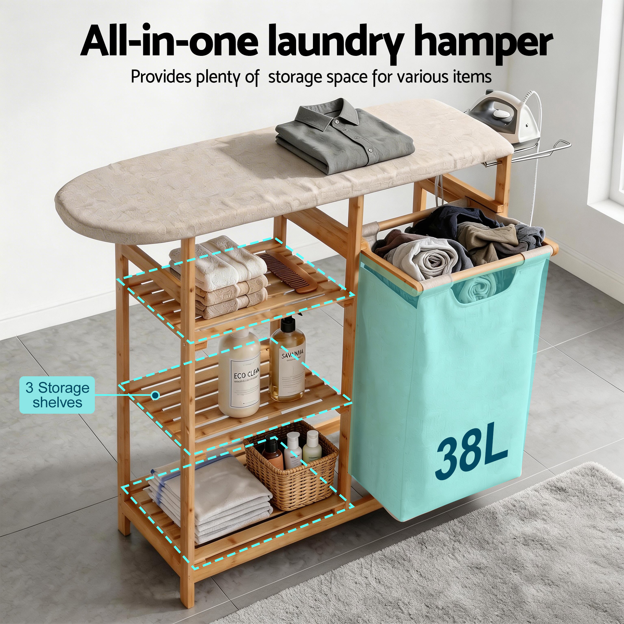 Artiss Bamboo Laundry Basket Hamper with Ironing Board view 5