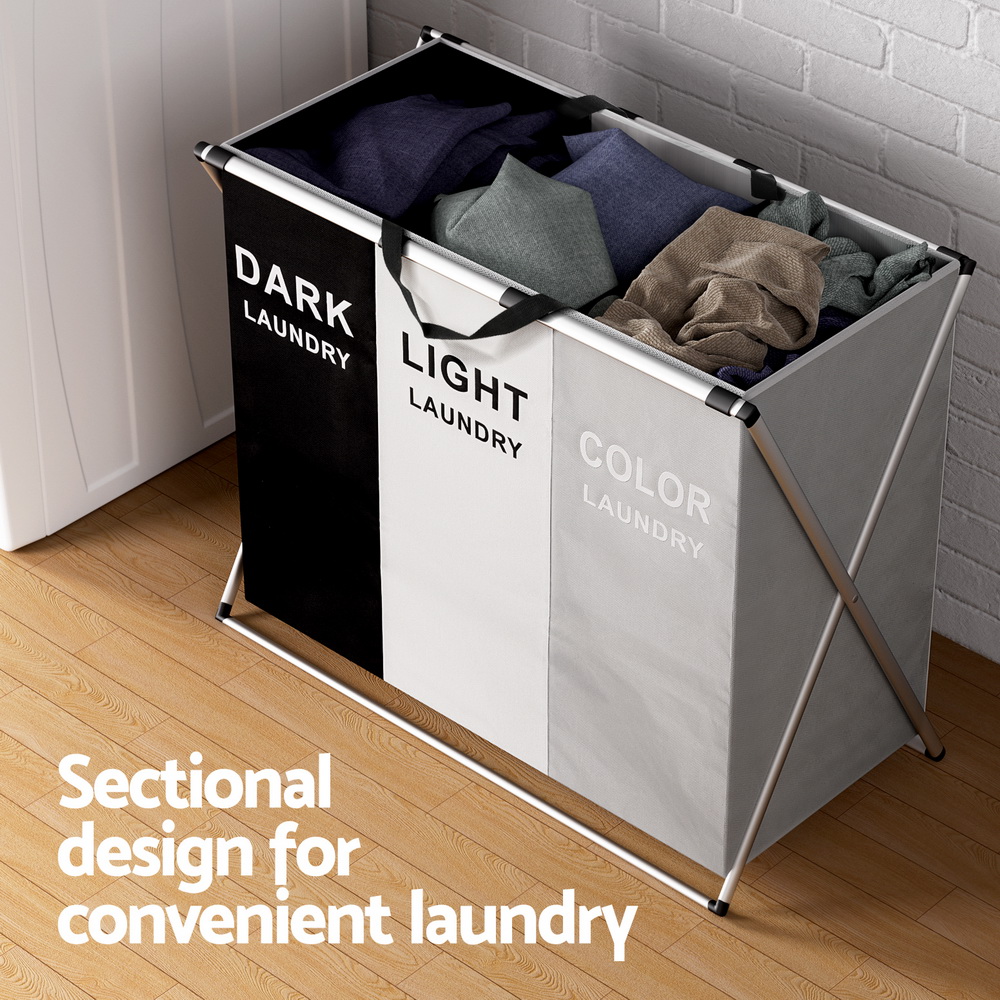 Artiss Foldable Laundry Basket Hamper with 3 Sections view 4