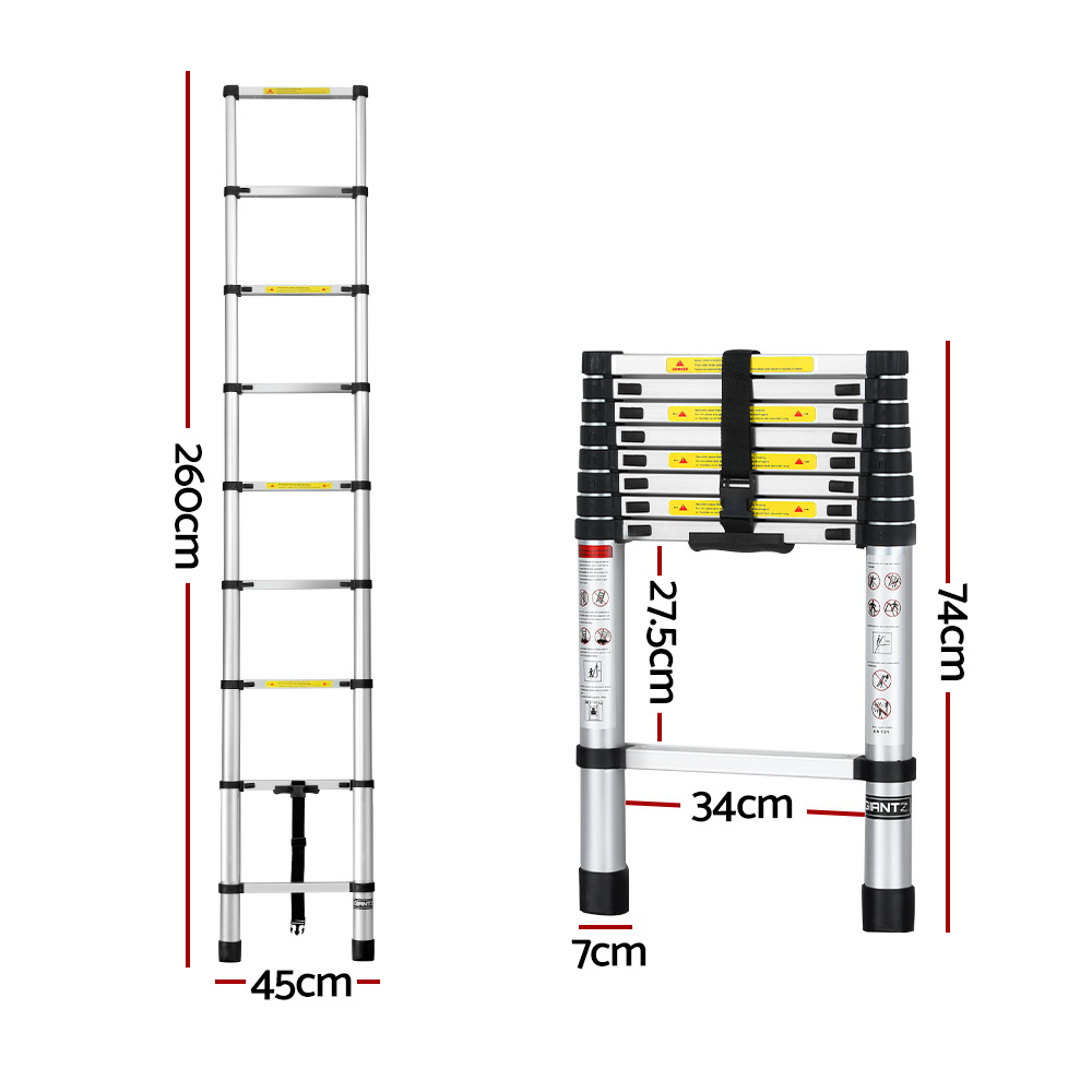Giantz 2.6m Telescopic Ladder Aluminium Extension view 2