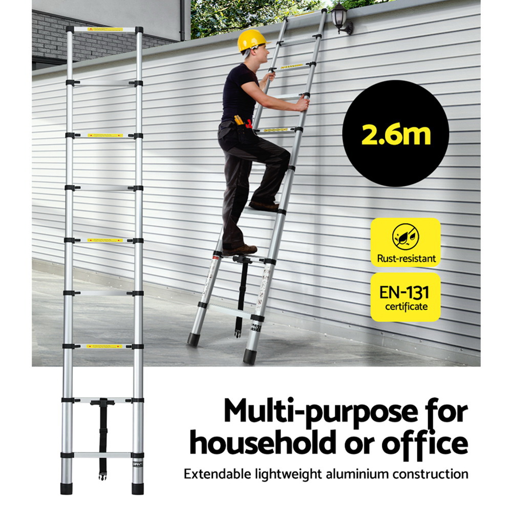 Giantz 2.6m Telescopic Ladder Aluminium Extension view 5