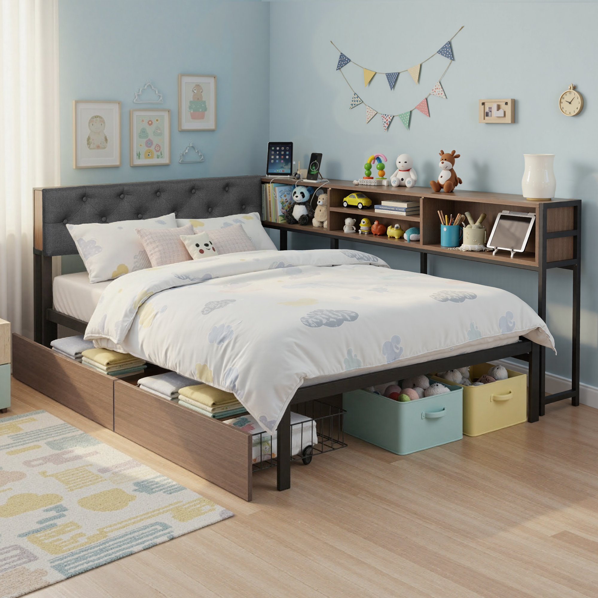 Artiss L-Shape Corner Bed Frame, 2 Drawers