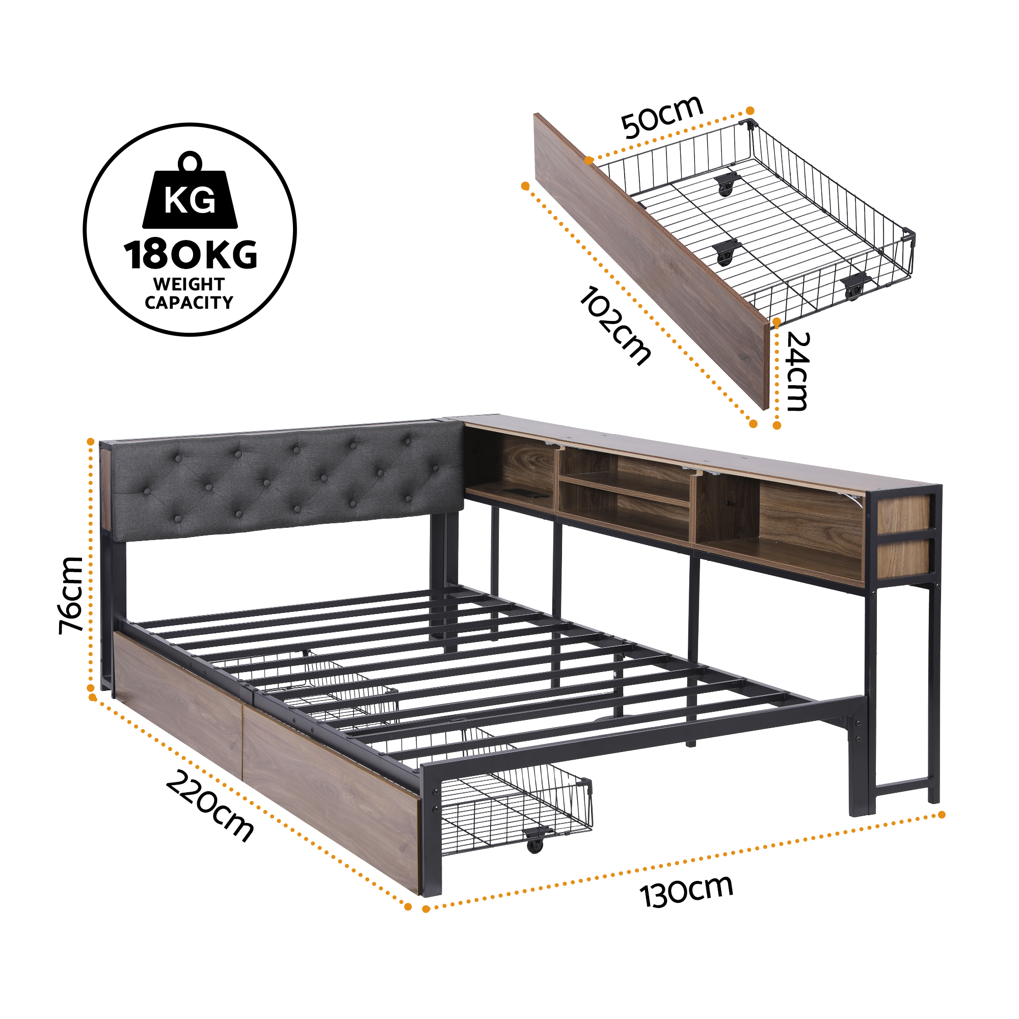 Artiss L-Shape Corner Bed Frame, 2 Drawers view 2