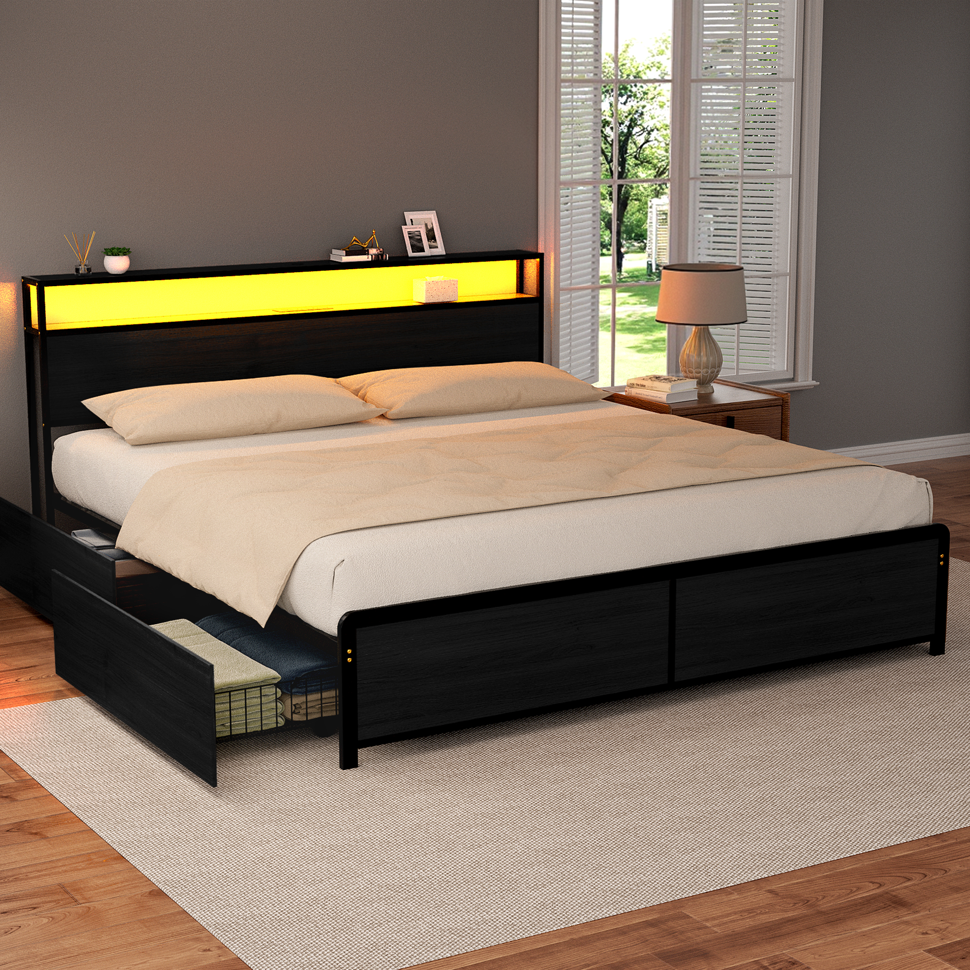 Artiss Metal Bed Frame with LED Headboard, Double to King