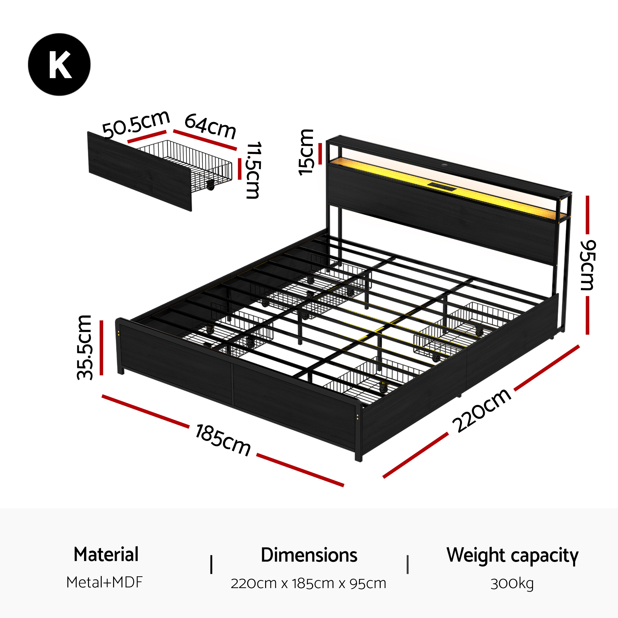 Artiss Metal Bed Frame with LED Headboard, Double to King view 2