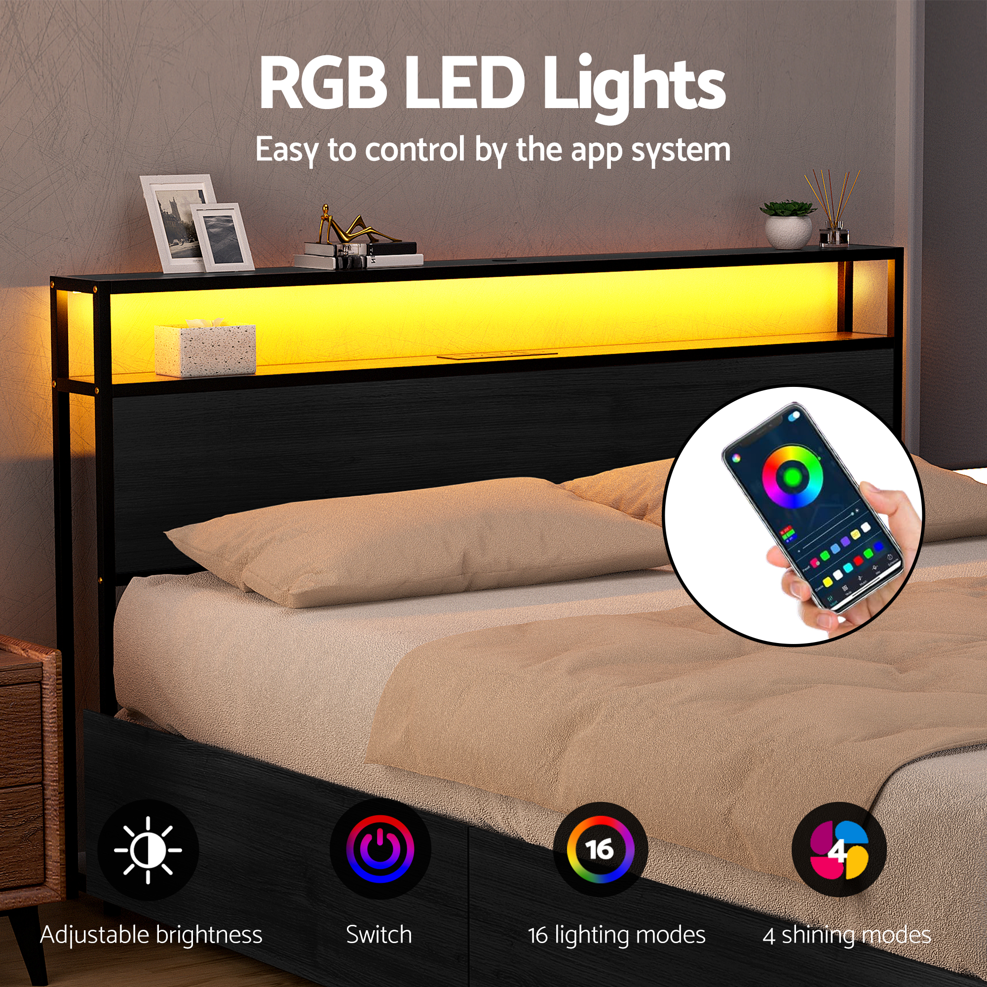 Artiss Metal Bed Frame with LED Headboard, Double to King view 5