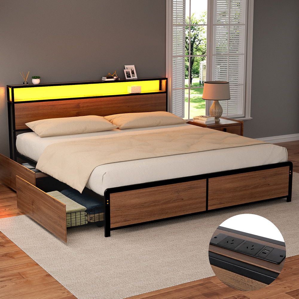 Artiss Metal Bed Frame with 4 Storage Drawers, Single to King