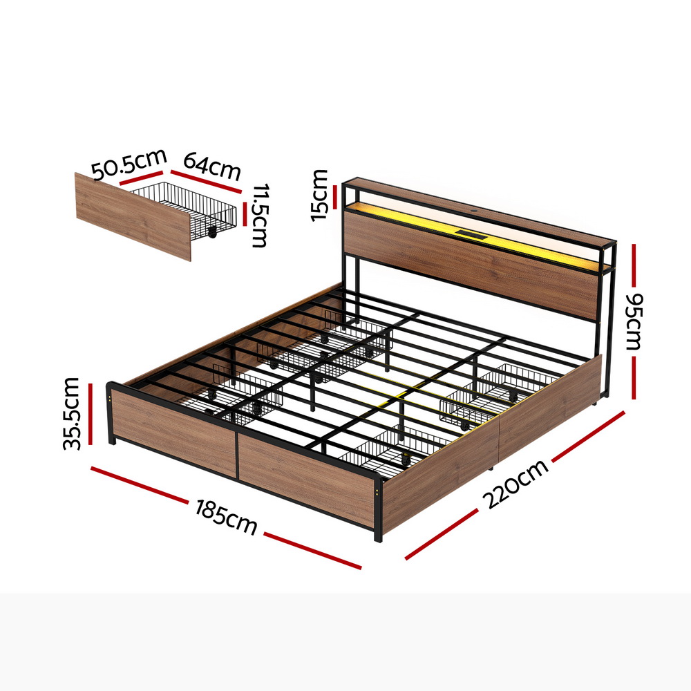 Artiss Metal Bed Frame with 4 Storage Drawers, Single to King view 3