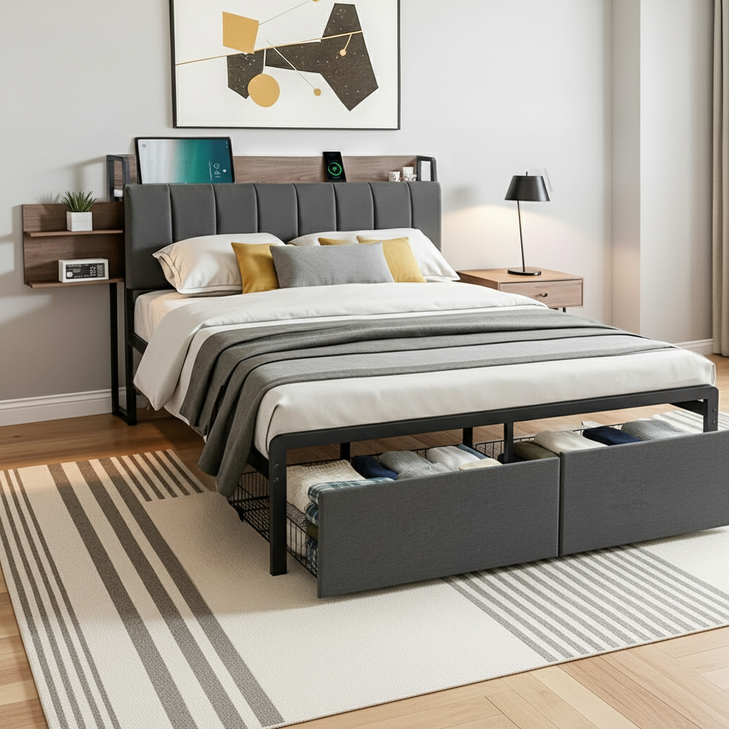 Artiss Double Metal Bed Frame with Hidden Storage