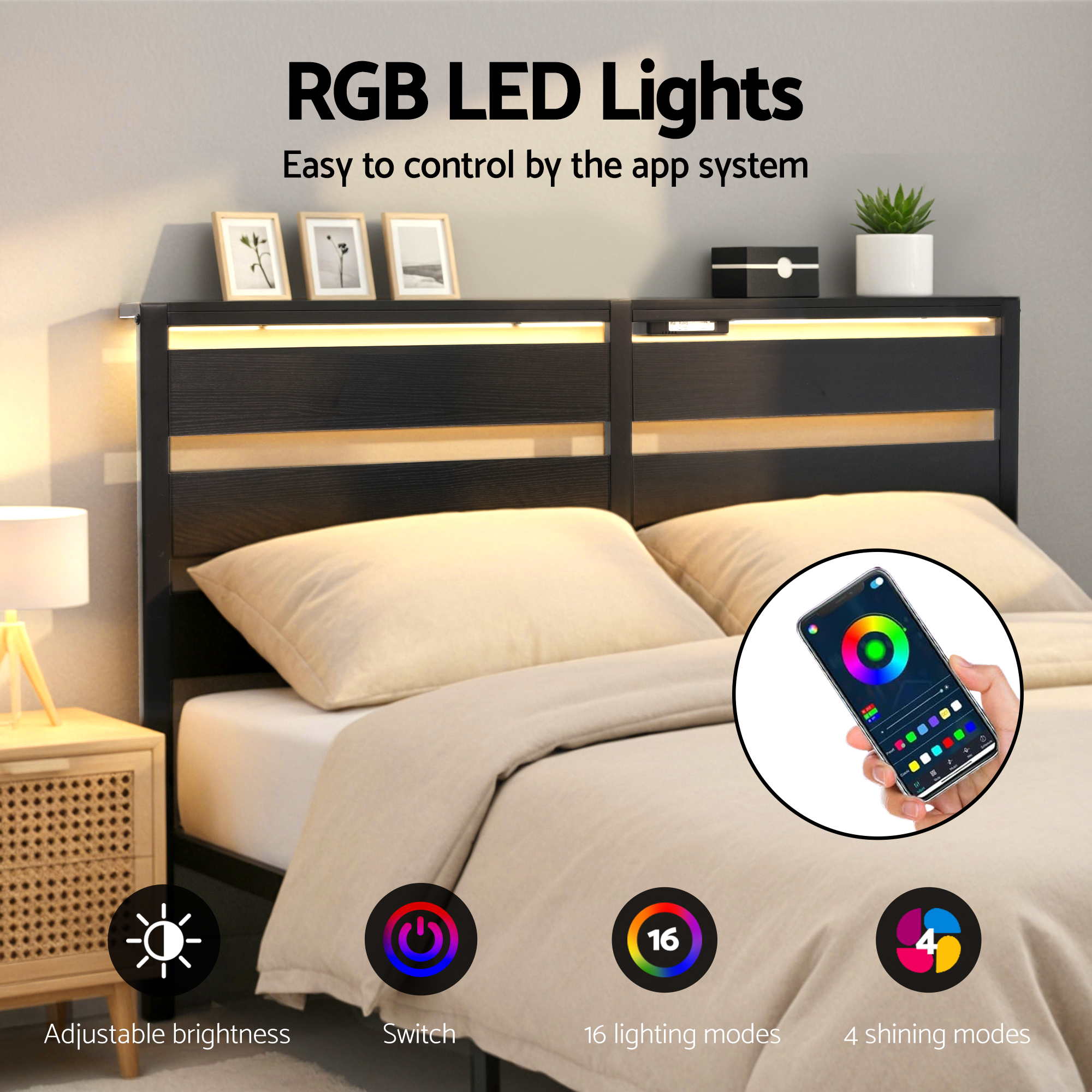 Artiss Por LED Metal Bed Frame with Charging Station view 5