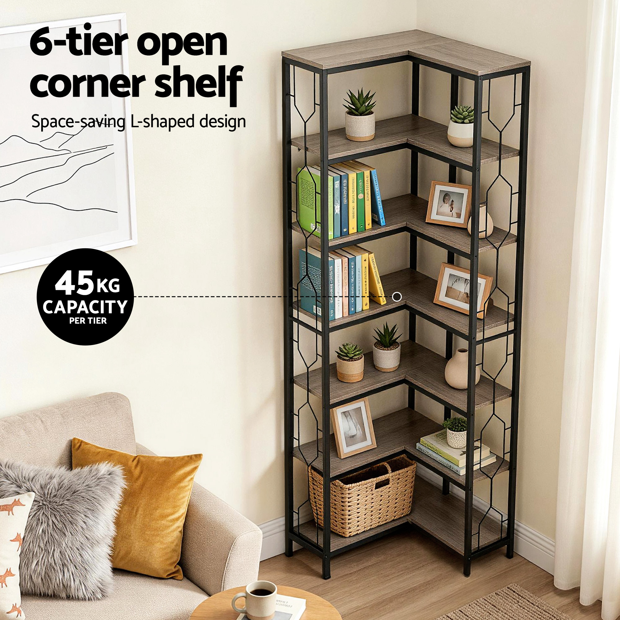 Artiss 6-Tier Corner Shelf Bookcase Oak view 5