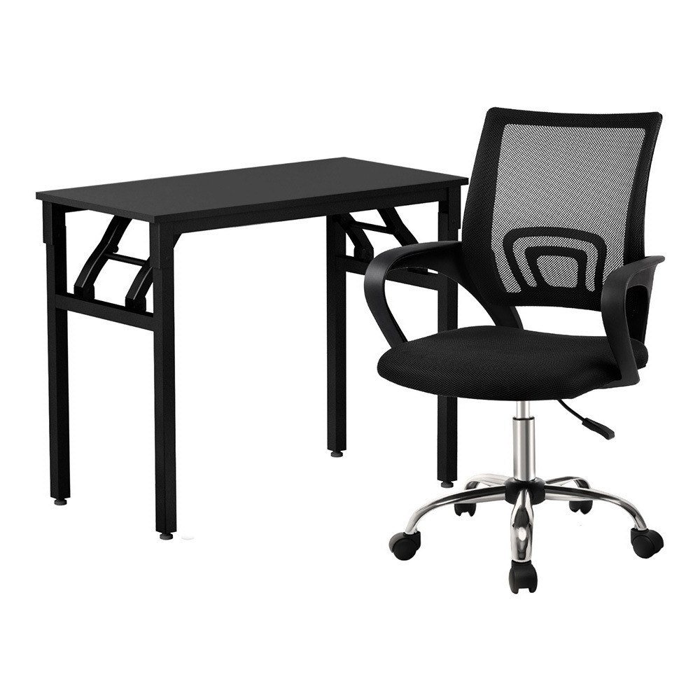 Artiss Foldable Computer Desk and Mesh Chair Set Black