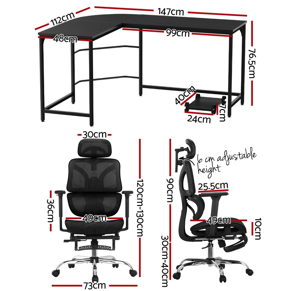 Artiss L-Shape Computer Desk and Ergonomic Mesh Chair Set view 2