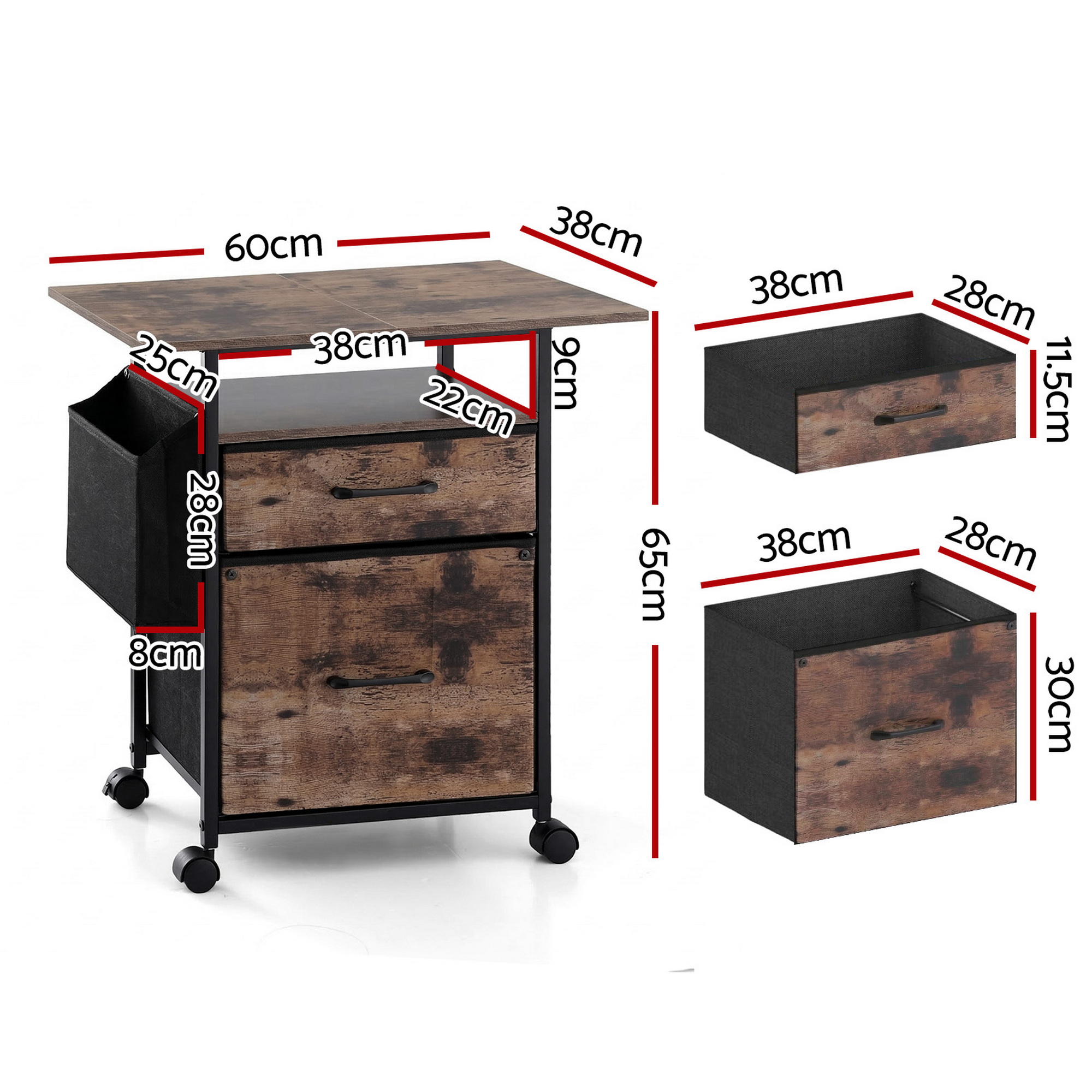 Artiss 2 Drawer Rolling File Cabinet with Printer Stand view 3