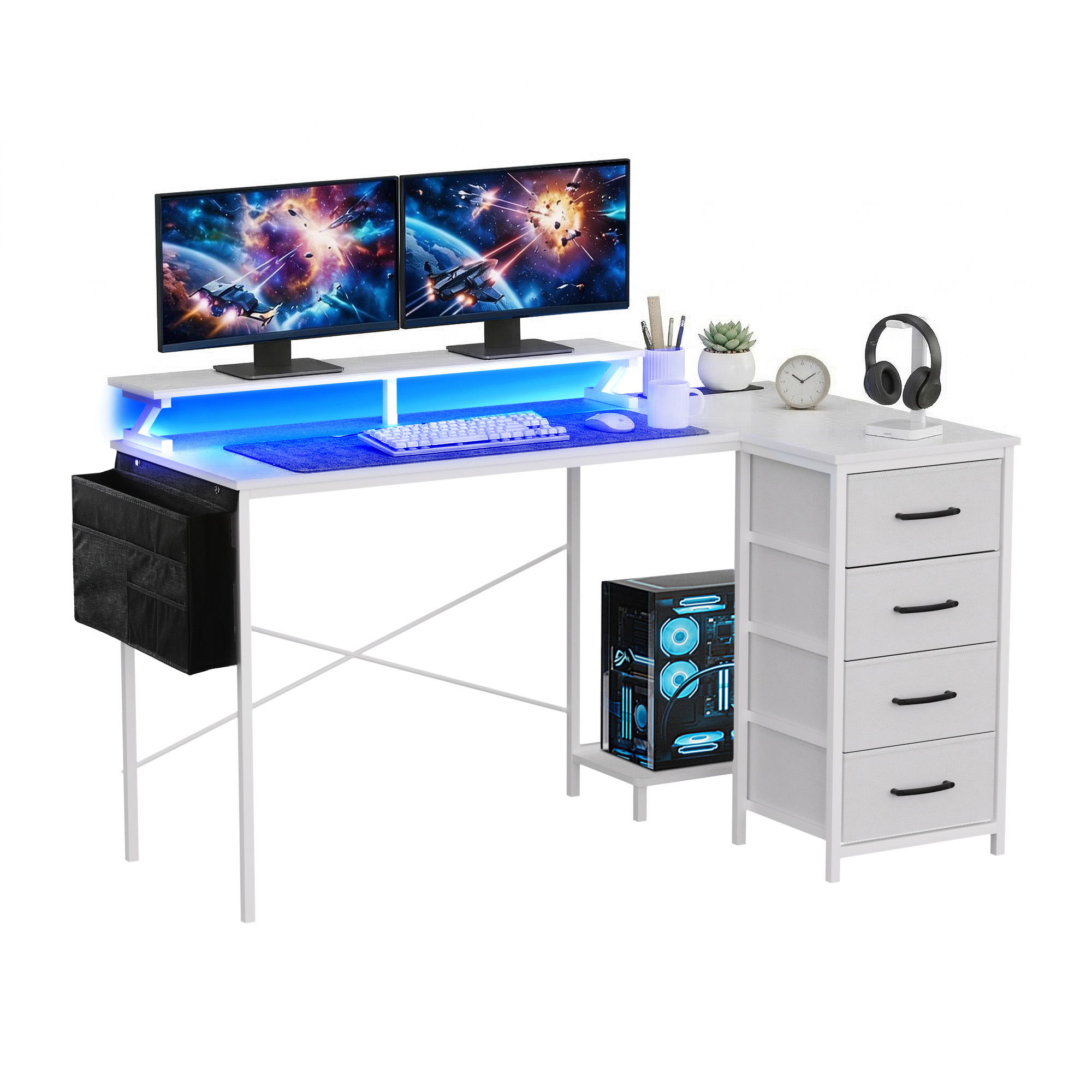Artiss 140cm L Shaped Gaming Desk with LED Lights