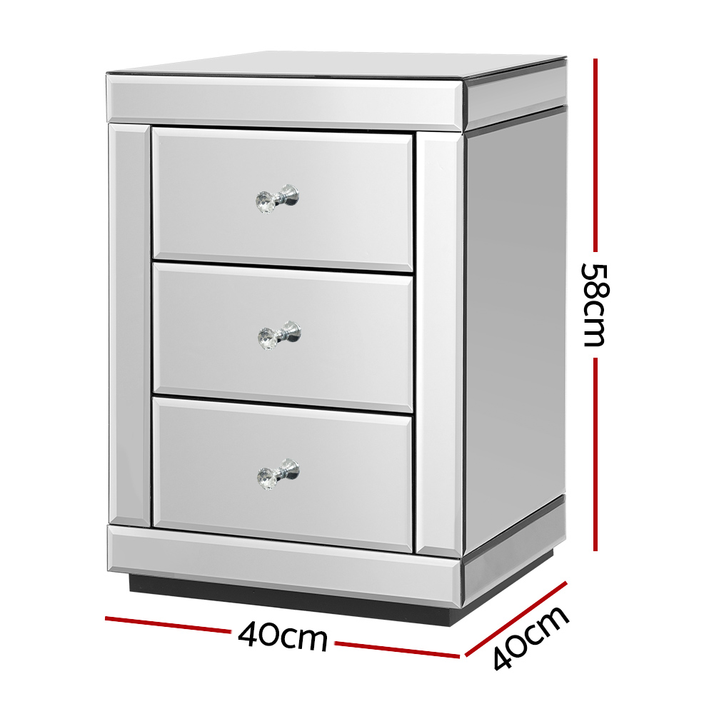 Artiss PRESIA Mirrored Bedside Table, 3 Drawers, Silver view 2