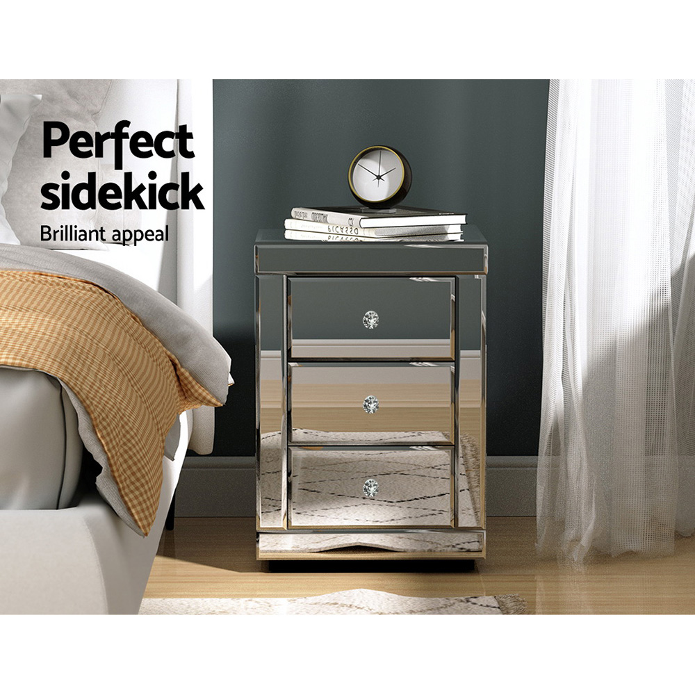 Artiss PRESIA Mirrored Bedside Table, 3 Drawers, Silver view 4