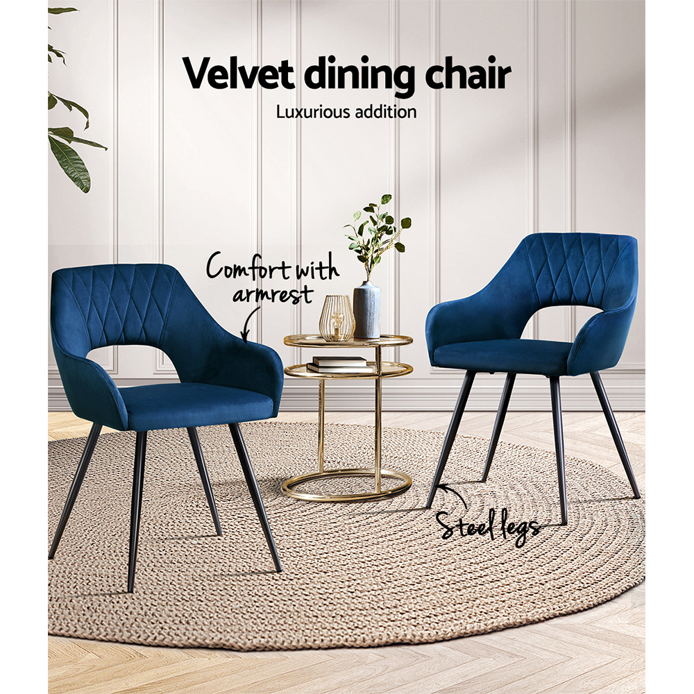 Artiss Velvet Hollow Dining Chairs, Single or Set of 2, Blue view 4