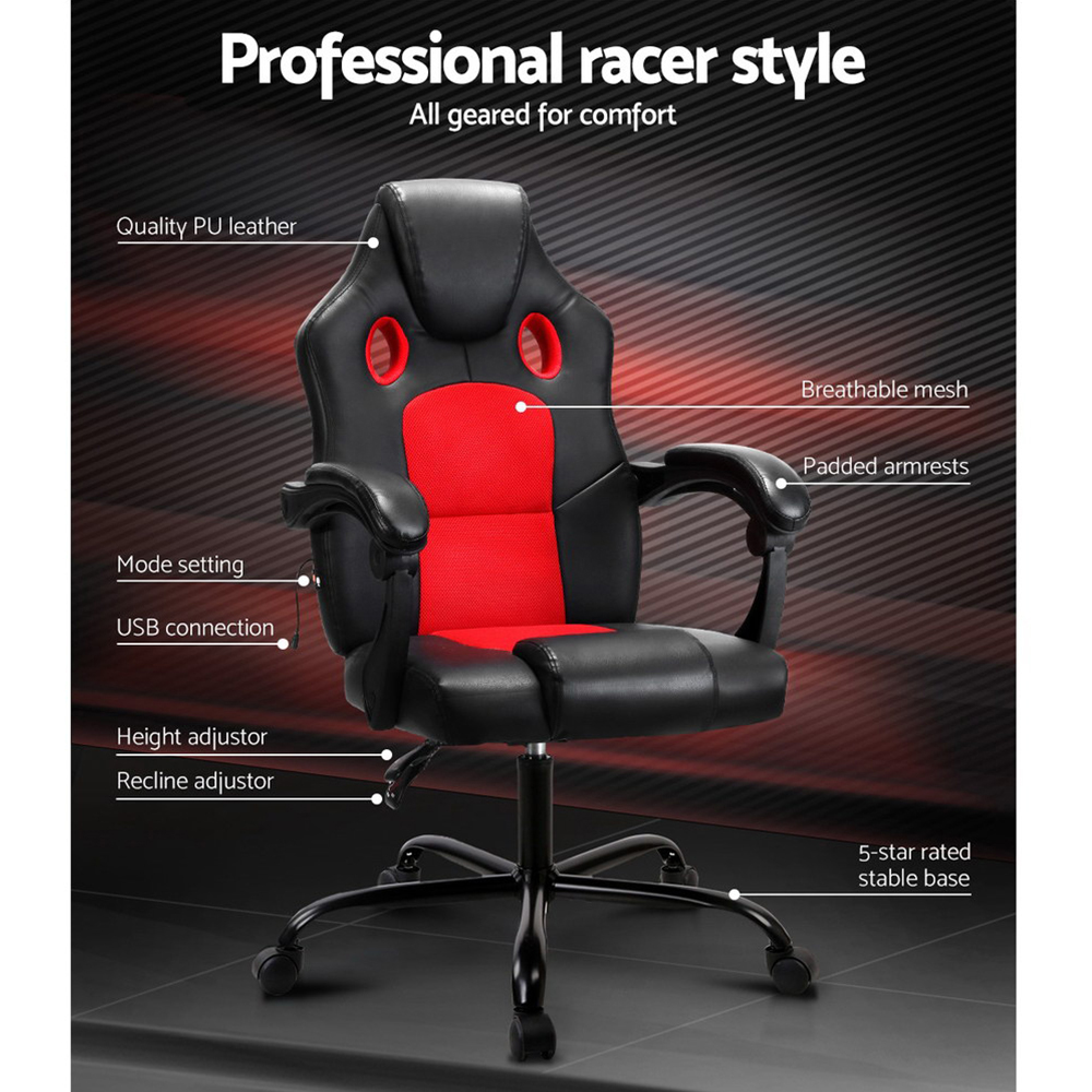 Artiss 2 Point Massage Gaming Office Chair PU Leather Red view 3