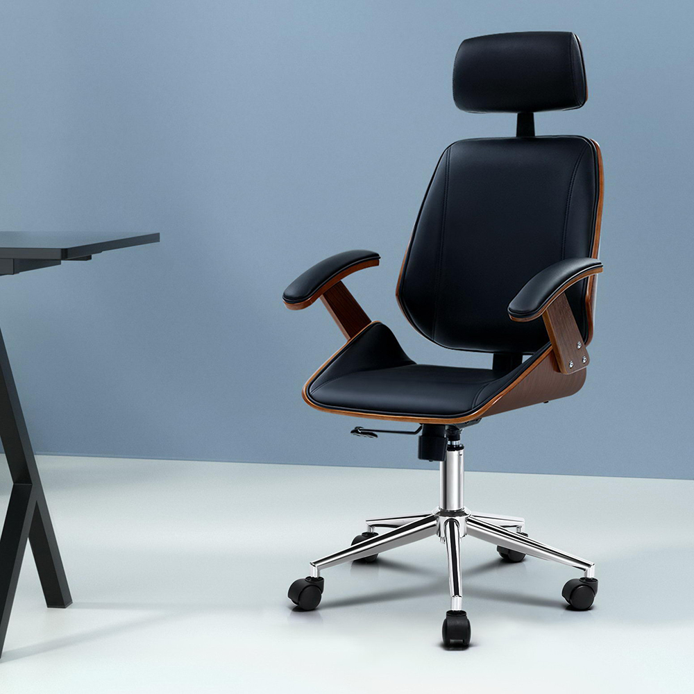 Artiss Wooden Office Chair with Leather Seat Black