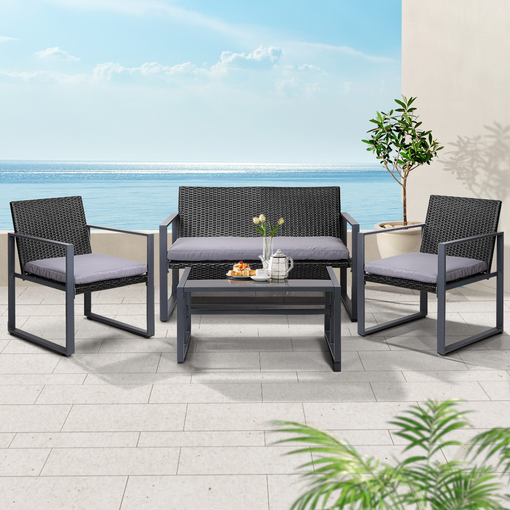 Gardeon 4PC Wicker Sofa Set Glass Top Table Black