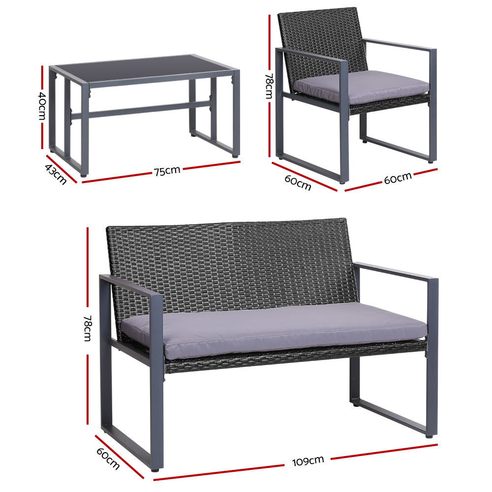 Gardeon 4PC Wicker Sofa Set Glass Top Table Black view 2