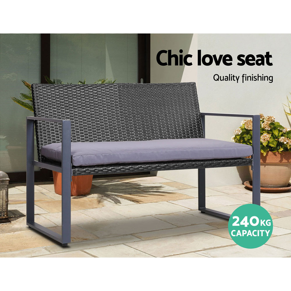 Gardeon 4PC Wicker Sofa Set Glass Top Table Black view 3