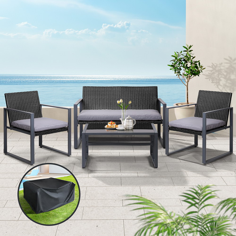 Gardeon 4PC Wicker Sofa Set with Storage Cover Black