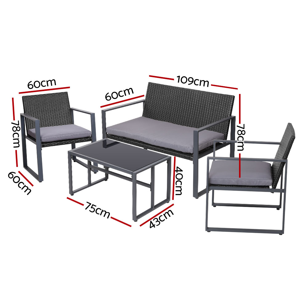 Gardeon 4PC Wicker Sofa Set with Storage Cover Black view 2