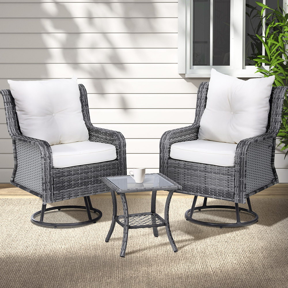 Gardeon 3PC Wicker Swivel Chairs and Side Table Set