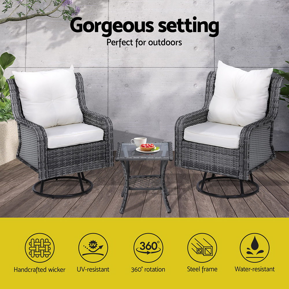 Gardeon 3PC Wicker Swivel Chairs and Side Table Set view 4