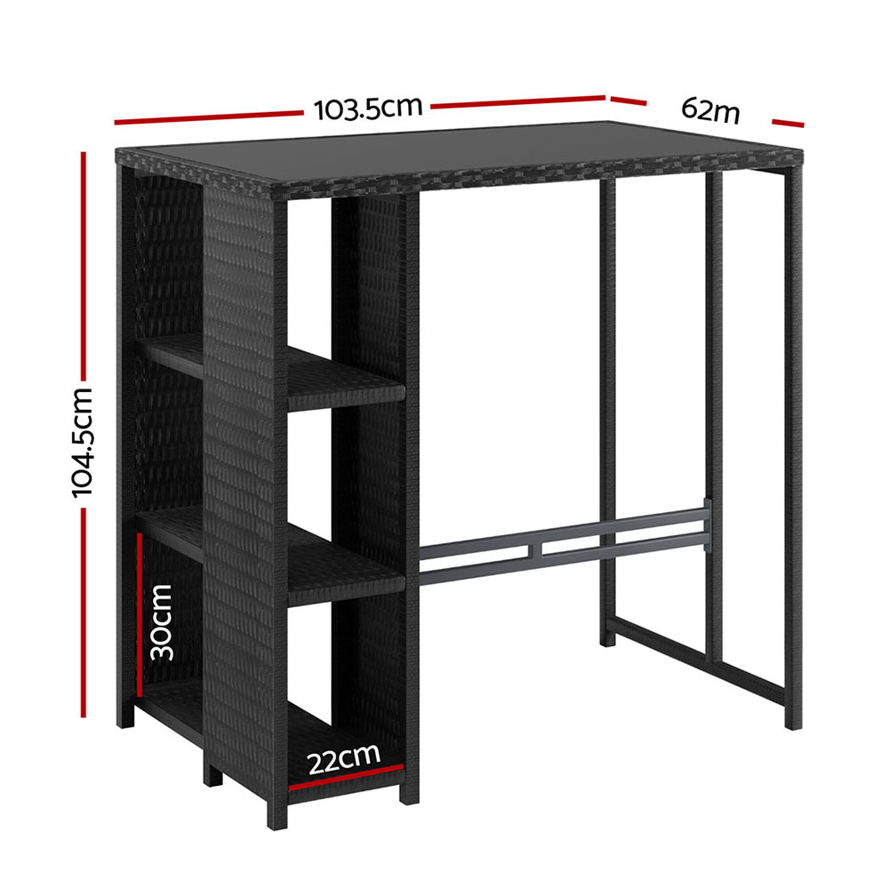 Gardeon Wicker Bar Table with Storage Shelves Black view 2