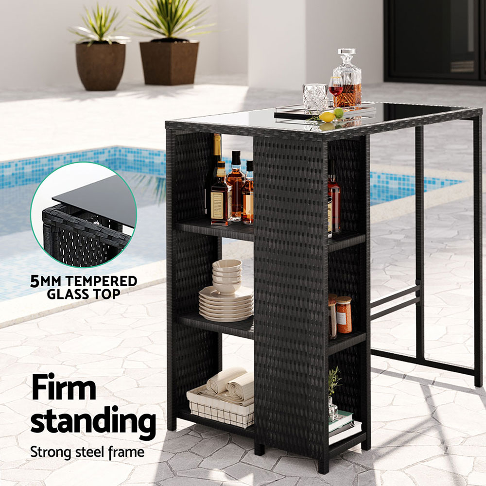 Gardeon Wicker Bar Table with Storage Shelves Black view 4