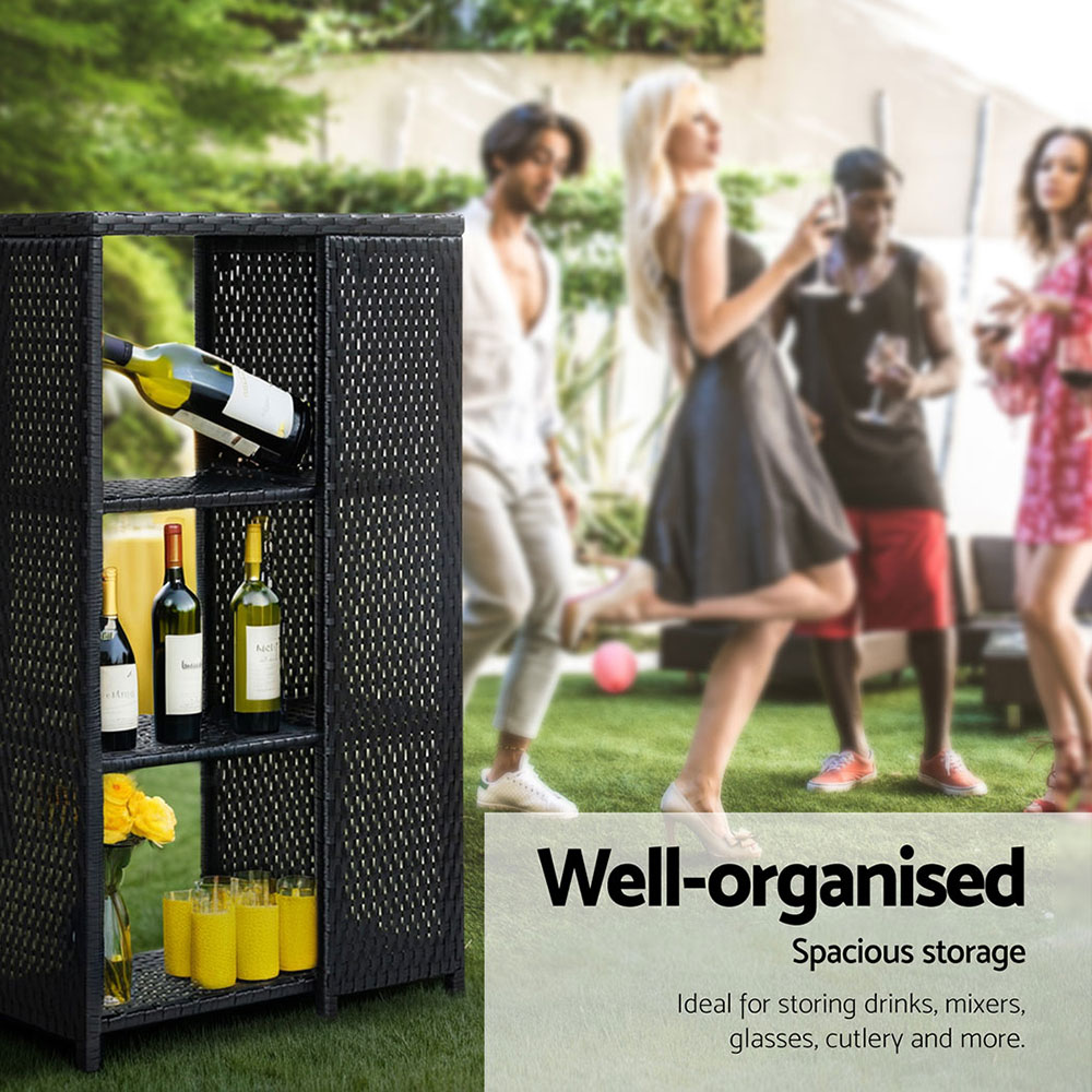 Gardeon Wicker Bar Table with Storage Shelves Black view 5