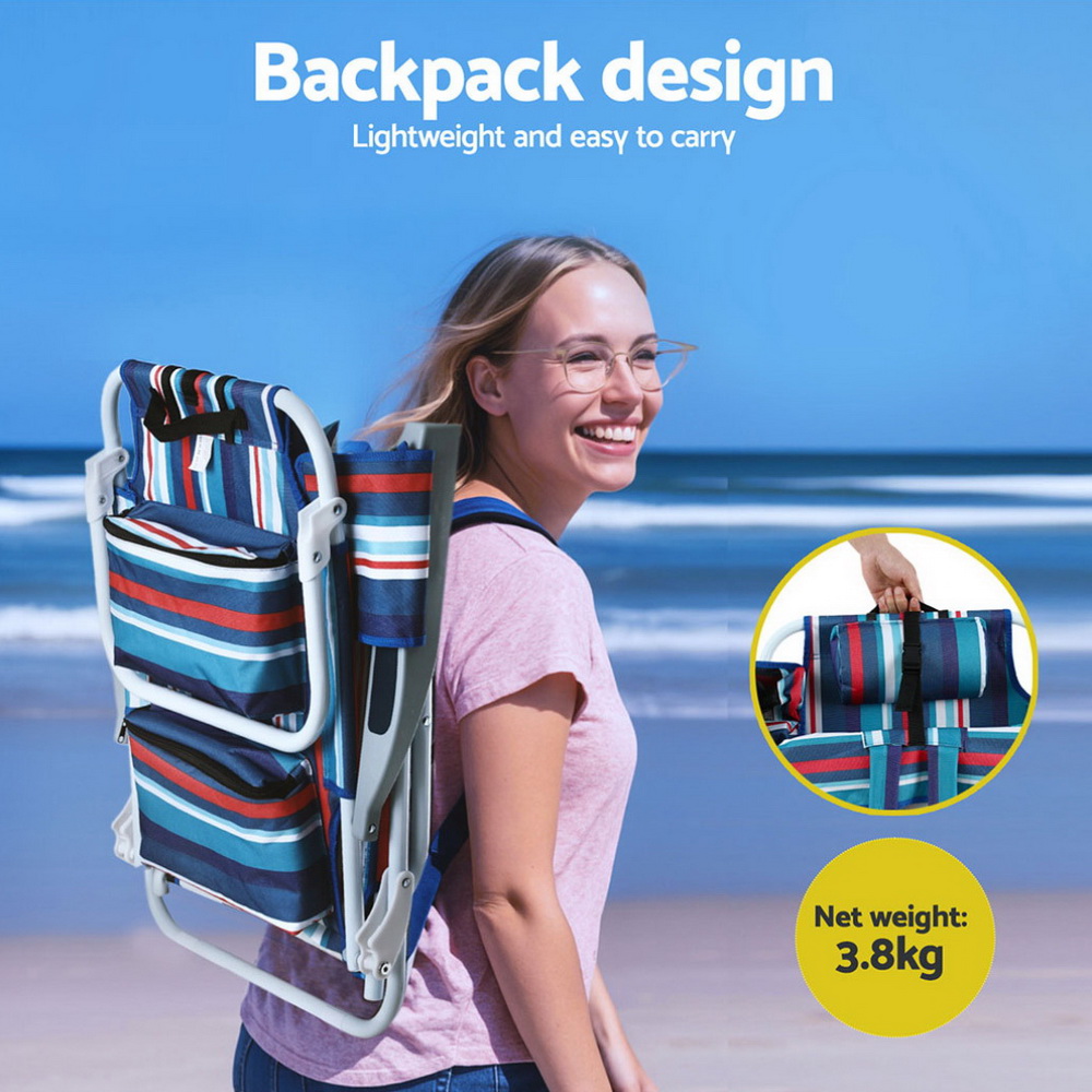 Gardeon Reclining Beach Chair Backpack Cooler Blue view 4