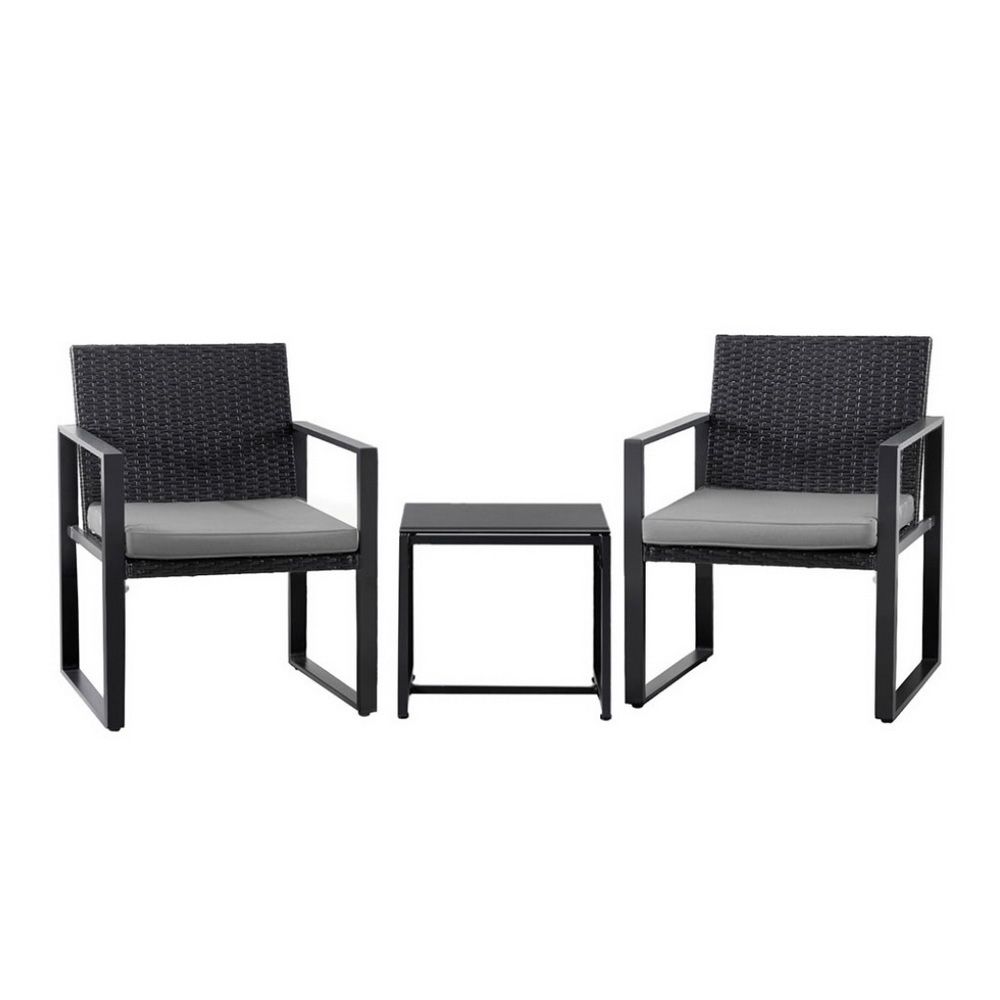 Gardeon 3PC Wicker Bistro Set Glass Top Table Black