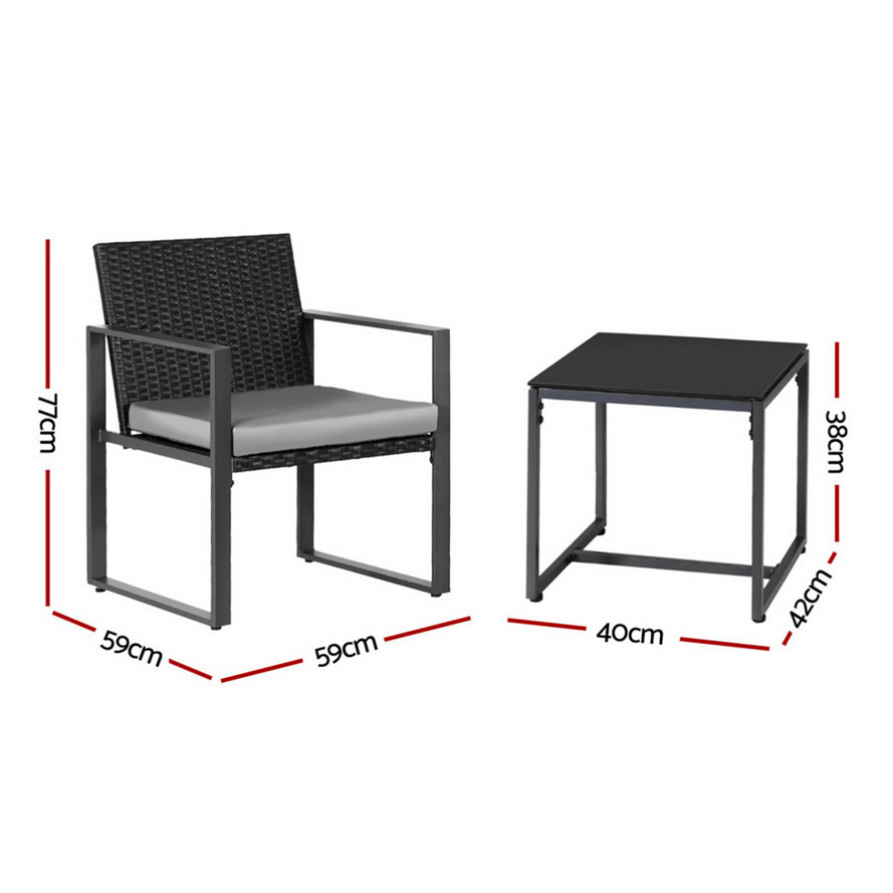 Gardeon 3PC Wicker Bistro Set Glass Top Table Black view 2