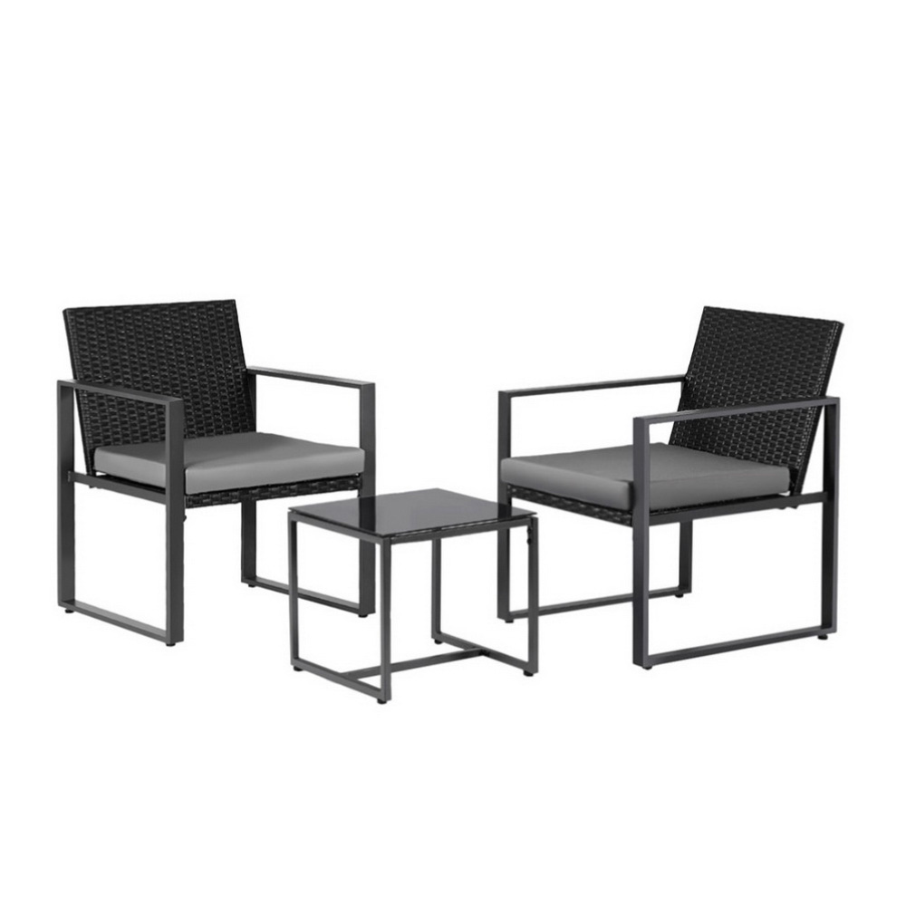 Gardeon 3PC Wicker Bistro Set Glass Top Table Black view 3
