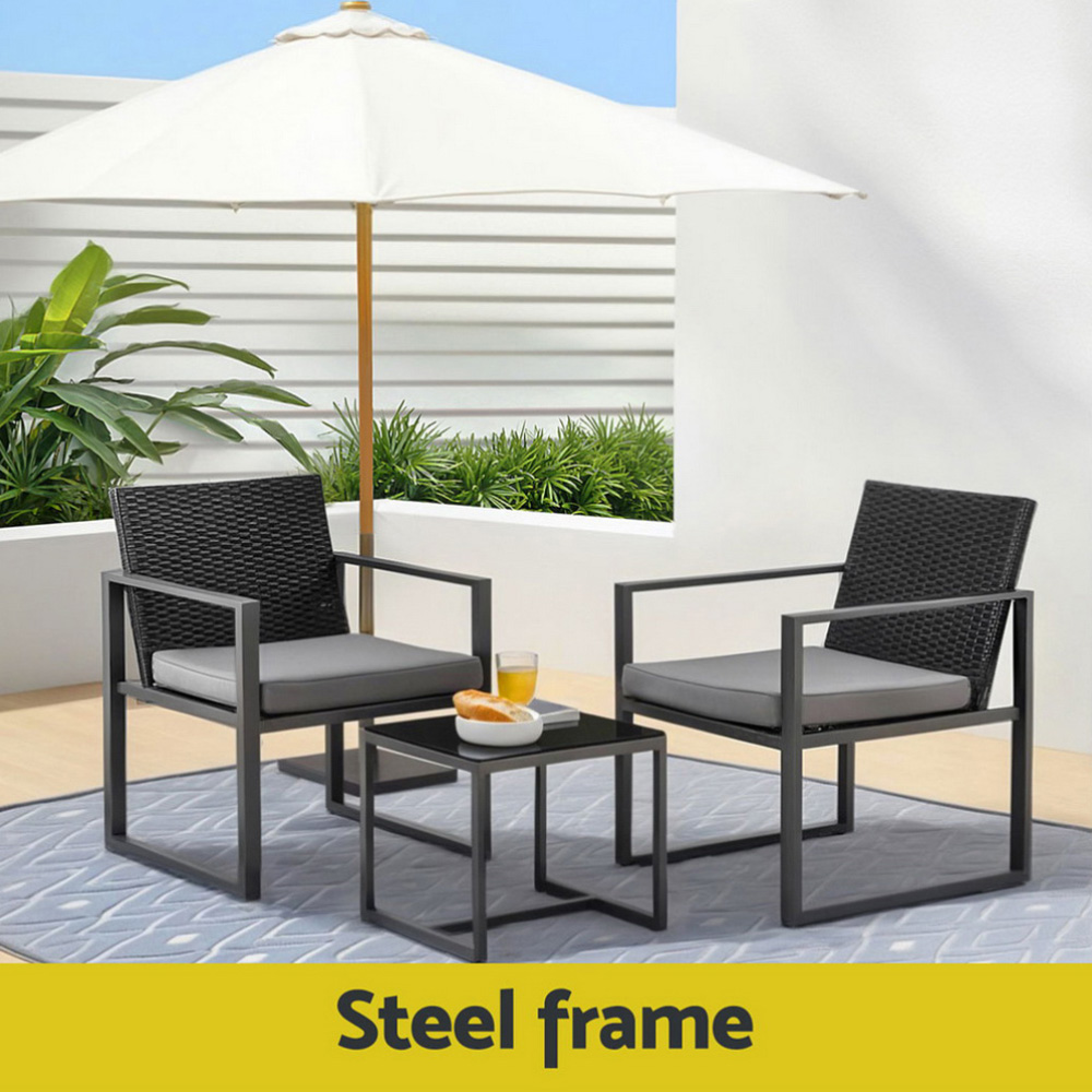 Gardeon 3PC Wicker Bistro Set Glass Top Table Black view 4